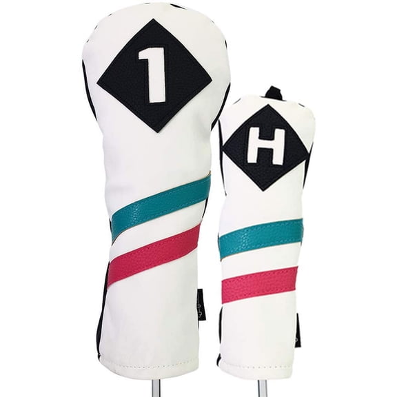Majek Golf Vintage Headcovers White Seafoam Teal Pink Stripe Premium Retro Leather Style 1 & H Driver and Hybrid Head Covers Fits 460cc Drivers and all Modern Hybrids Custom Designs Made in California