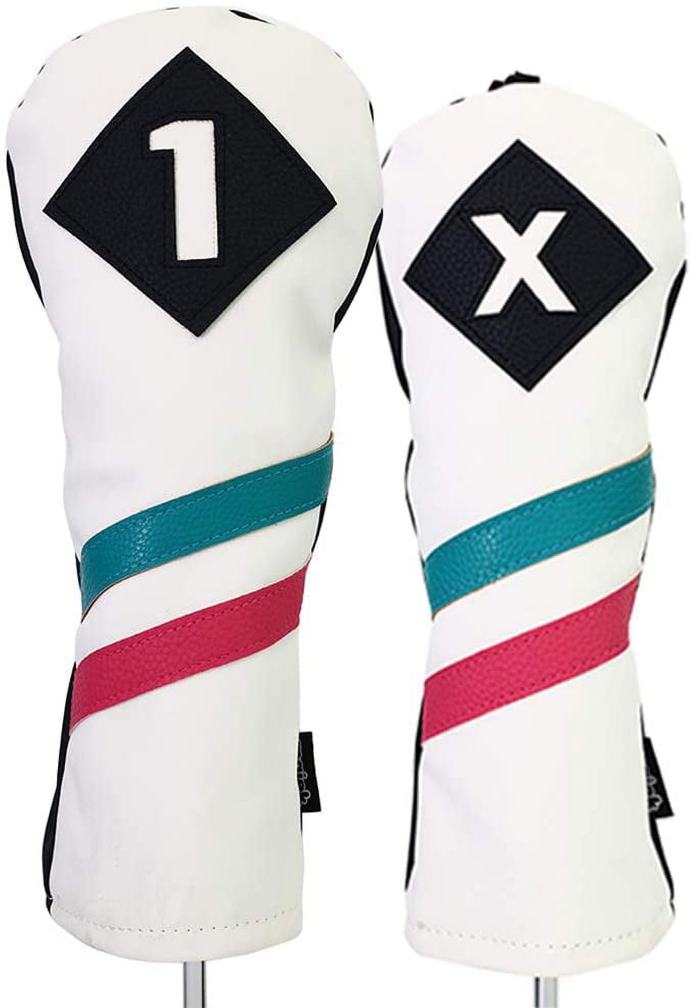 Majek Golf Vintage Headcovers White Seafoam Teal Pink Stripe Premium Retro Leather Style 1 & X Driver and Fairway Head Covers Fits 460cc Drivers and All Modern Metal Woods Custom Design in California