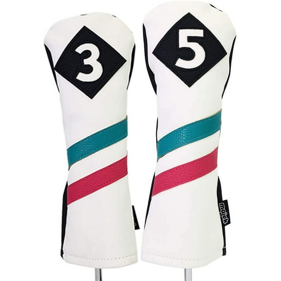 Majek Golf Vintage Headcovers White Seafoam Teal Pink Stripe Premium Retro Leather Style 3 & 5 Fairway Head Covers Fits All Modern Metal Woods Classic Handcrafted Custom Designs Made in California