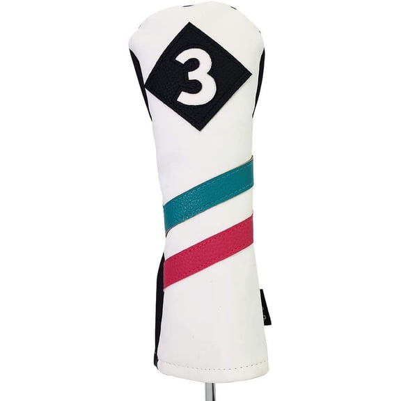 Majek Golf Vintage Headcovers White Seafoam Teal Pink Stripe Premium Retro Leather Style #3 Fairway Wood Head Cover Fits All Modern Metal Woods Classic Handcrafted Custom Designs Made in California