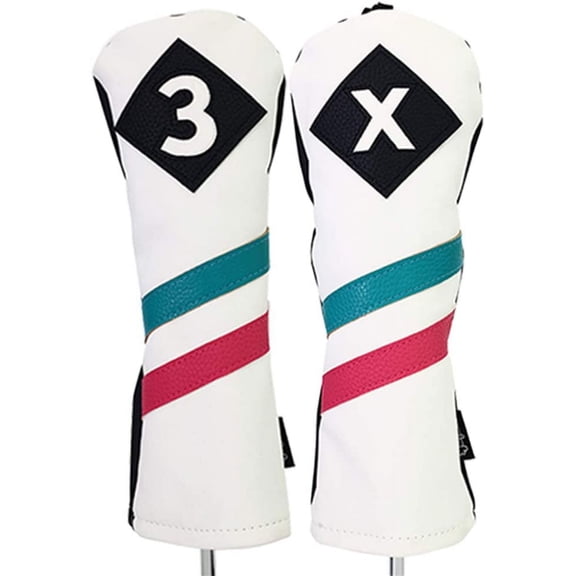 Majek Golf Vintage Headcovers White Seafoam Teal Pink Stripe Premium Retro Leather Style 3 & X Fairway Head Covers Fits All Modern Metal Woods Classic Handcrafted Custom Designs Made in California