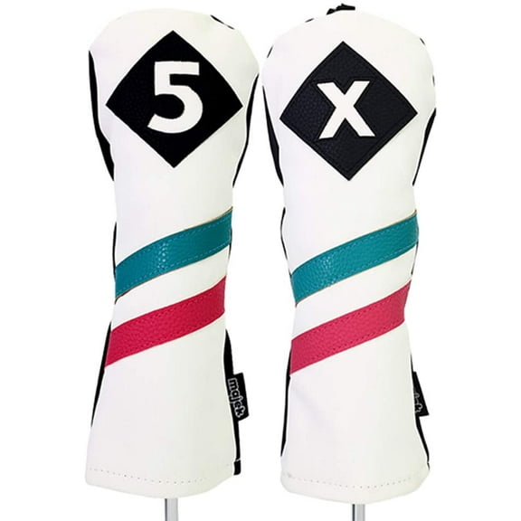 Majek Golf Vintage Headcovers White Seafoam Teal Pink Stripe Premium Retro Leather Style 5 & X Fairway Head Covers Fits All Modern Metal Woods Classic Handcrafted Custom Designs Made in California