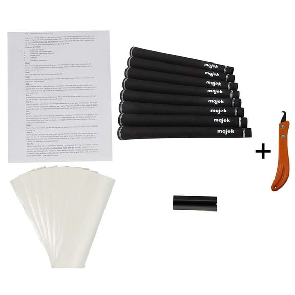 Majek Jumbo Size Tour Pro Black Golf Grips and Grip Kit + Utility Hook Blade (8 Grips, Grip Tape, clamp, Grip Removal Hook Blade, Instructions)