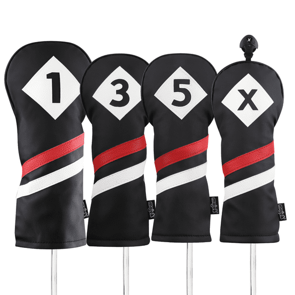 Majek Retro Golf Headcovers Black Red and White Vintage Leather Style 1 3 5 X Driver and Fairway Head Covers Fits 460cc Drivers Classic Look