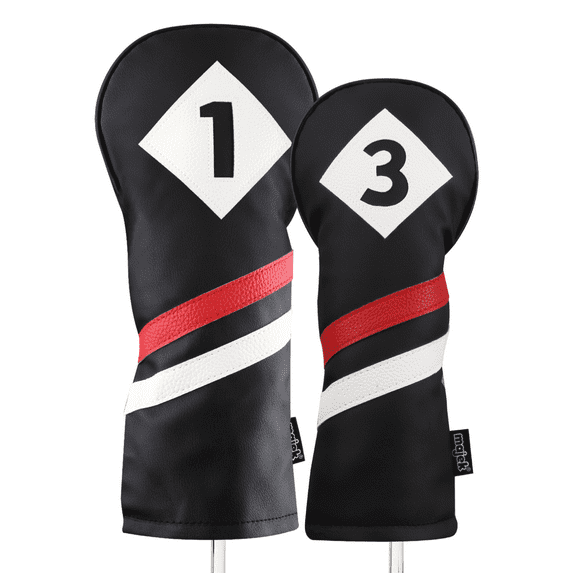 Majek Retro Golf Headcovers Black Red and White Vintage Leather Style 1 & 3 Driver and Fairway Head Cover Fits 460cc Drivers Classic Look
