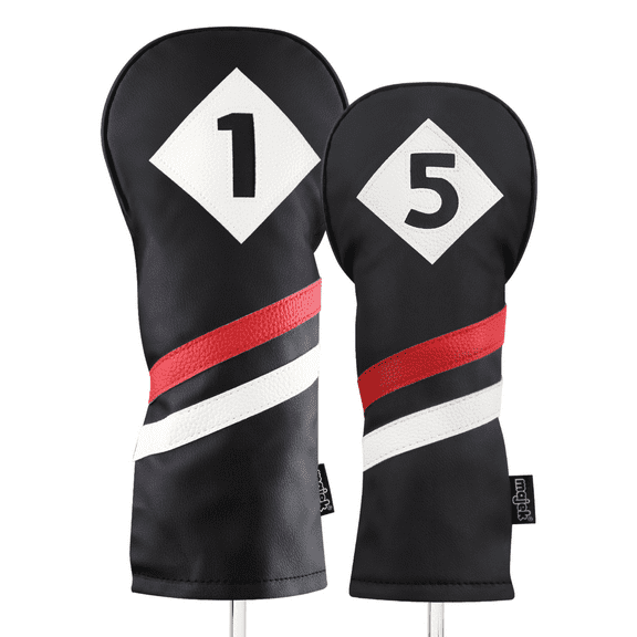 Majek Retro Golf Headcovers Black Red and White Vintage Leather Style 1 & 5 Driver and Fairway Head Cover Fits 460cc Drivers Classic Look
