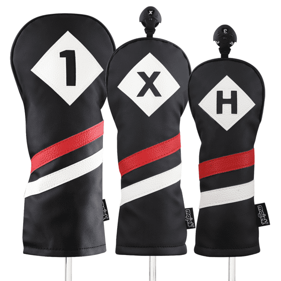 Majek Retro Golf Headcovers Black Red and White Vintage Leather Style 1 X H Driver Fairway Wood and Hybrid Head Cover Classic Look