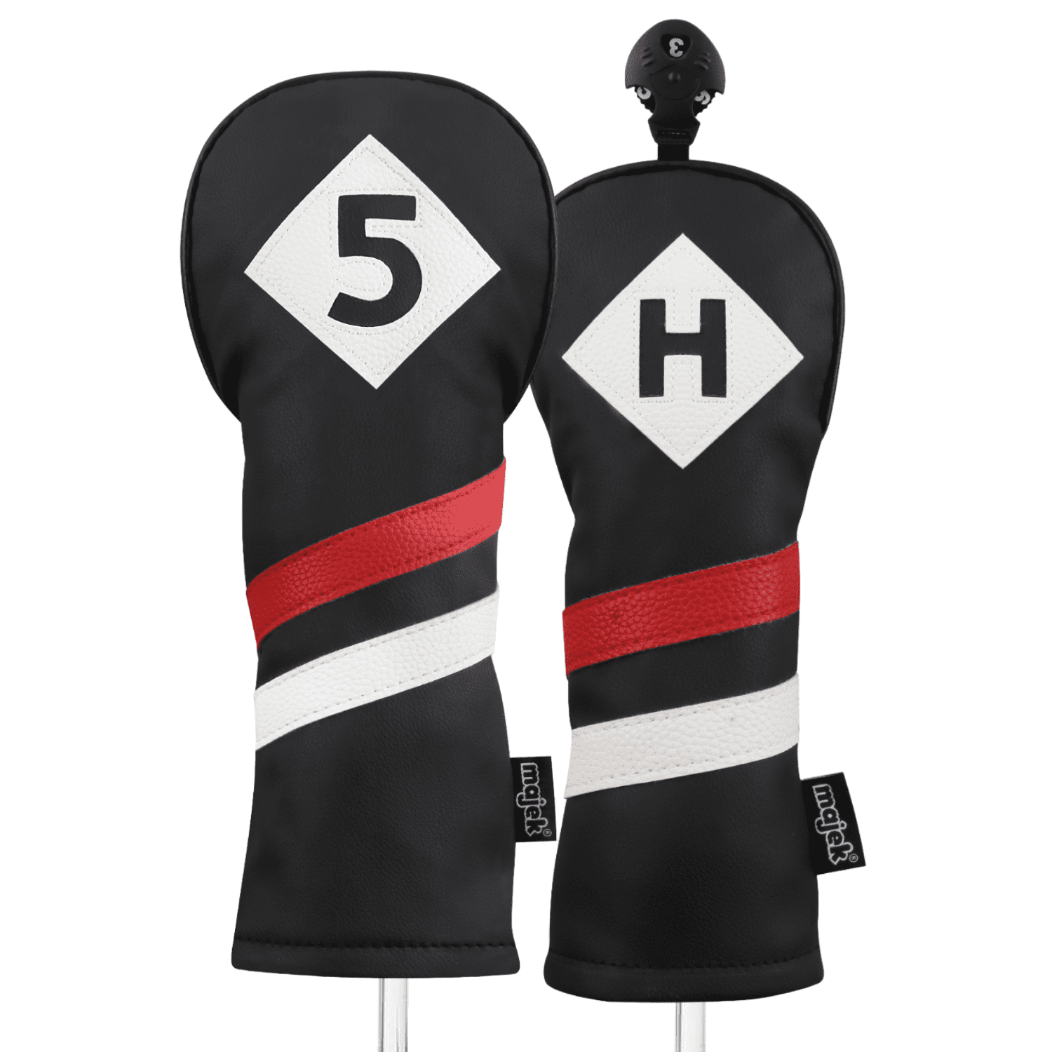 Majek Retro Golf Headcovers Black Red and White Vintage Leather Style 5 & H Fairway Wood and Hybrid Head Cover Classic Look