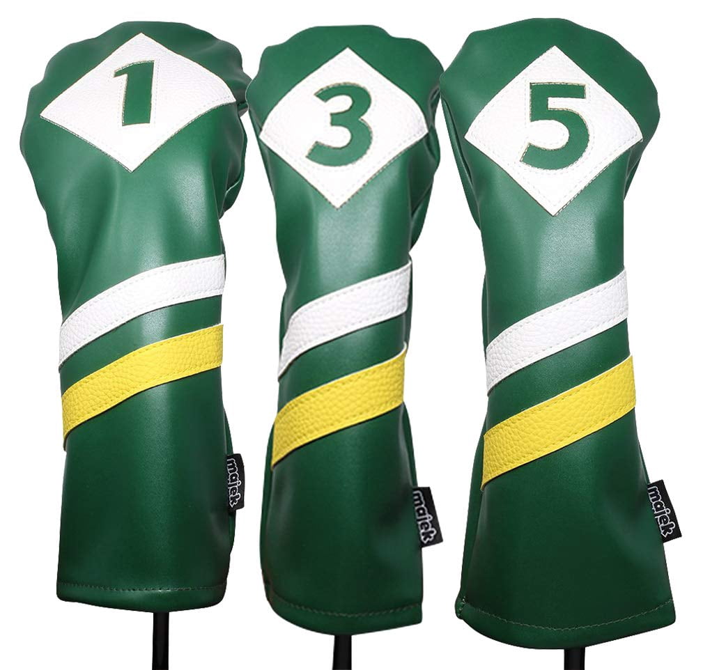 Majek Retro Golf Headcovers Green White and Yellow Vintage Leather Style 1 3 5 Driver and Fairway Head Covers Fits 460cc Drivers Classic Look