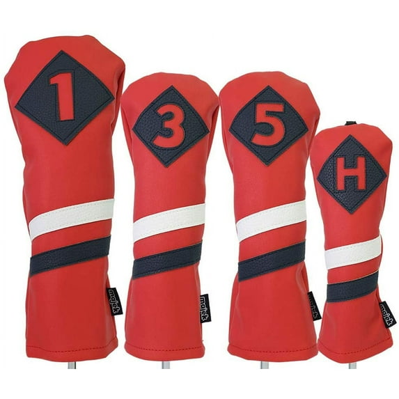 Majek Retro Golf Headcovers Red with White and Blue Stripe Vintage Leather Style 1 3 5 H Driver Fairway Woods and Hybrid Head Cover Classic Look