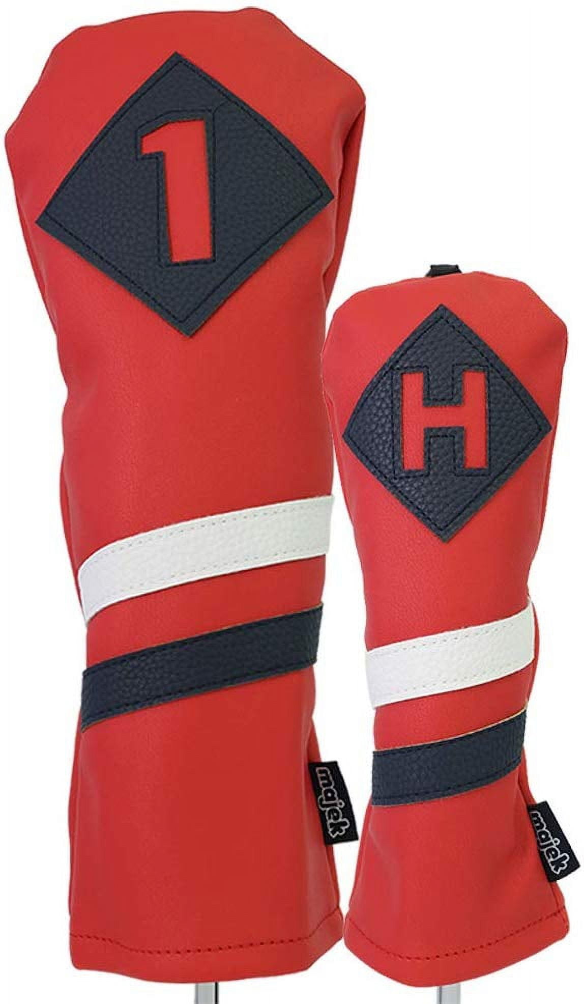 Majek Retro Golf Headcovers Red with White and Blue Stripe Vintage Leather Style 1 H Driver and Hybrid Head Cover Classic Look