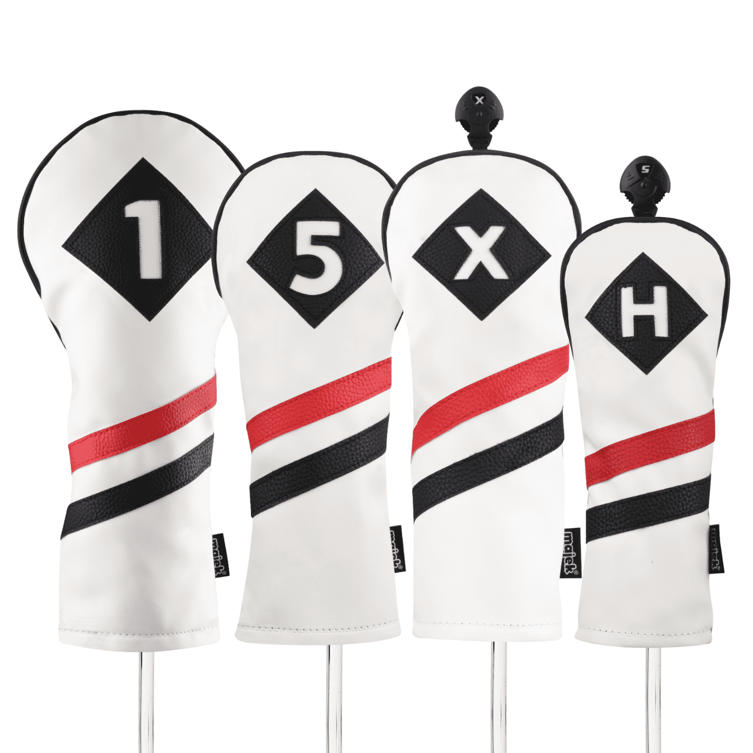 Majek Retro Golf Headcovers White Red and Black Vintage Leather Style 1 5 X H Driver Fairway Woods and Hybrid Head Cover Classic Look