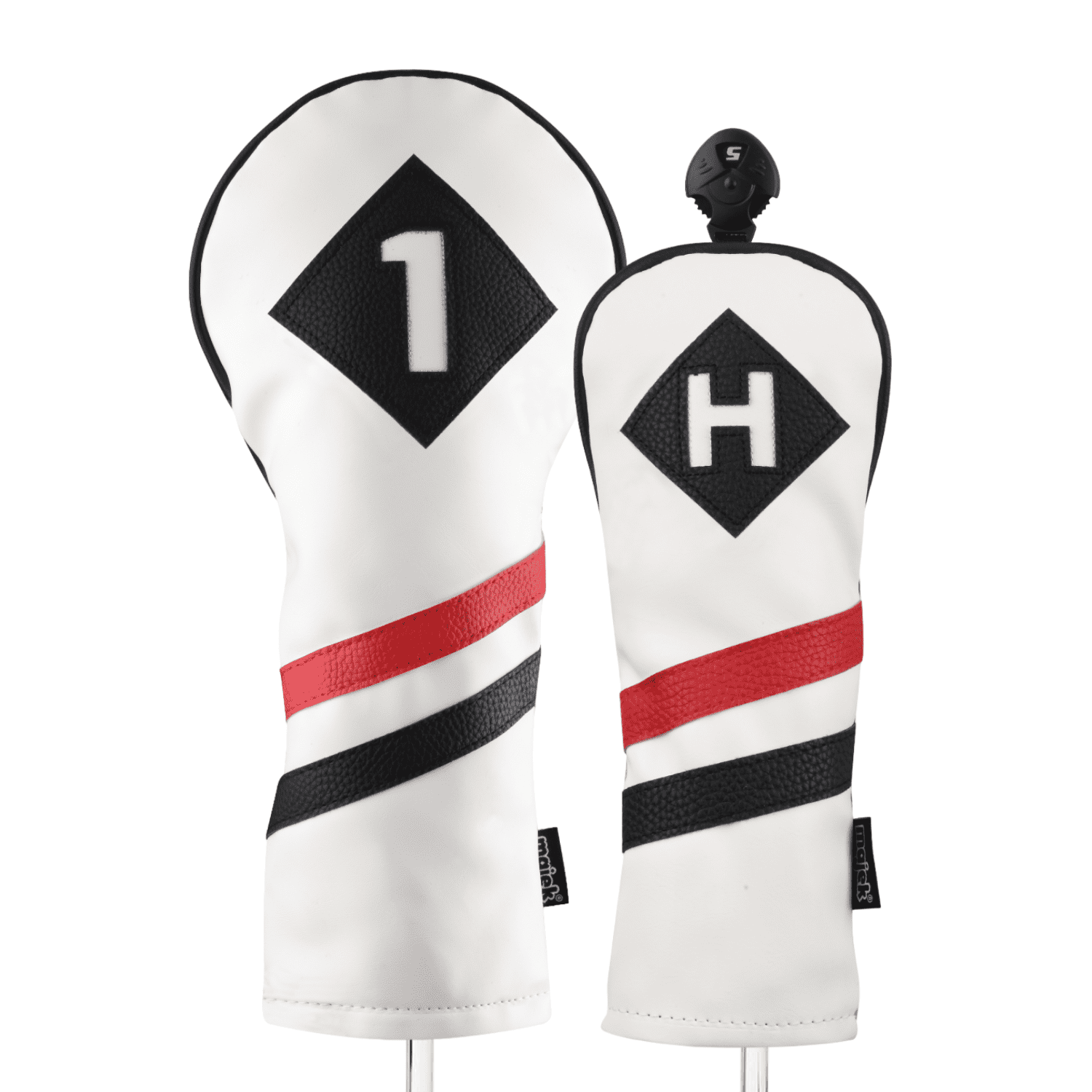Majek Retro Golf Headcovers White Red and Black Vintage Leather Style 1 H Driver and Hybrid Head Cover Classic Look