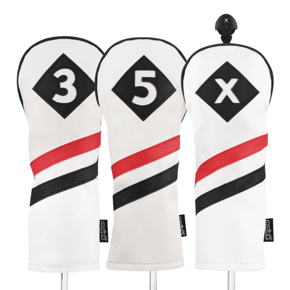 Majek Retro Golf Headcovers White Red and Black Vintage Leather Style 3 5 X Fairway Wood Head Cover Classic Look