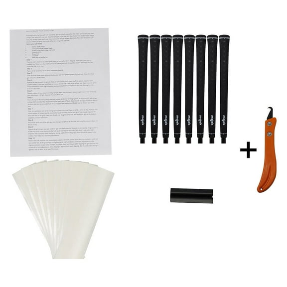 Majek Tour Pro Midsize Black Golf Grips and Grip Kit + Utility Hook Blade (8 grips, grip tape, clamp, grip removal hook blade, instructions)