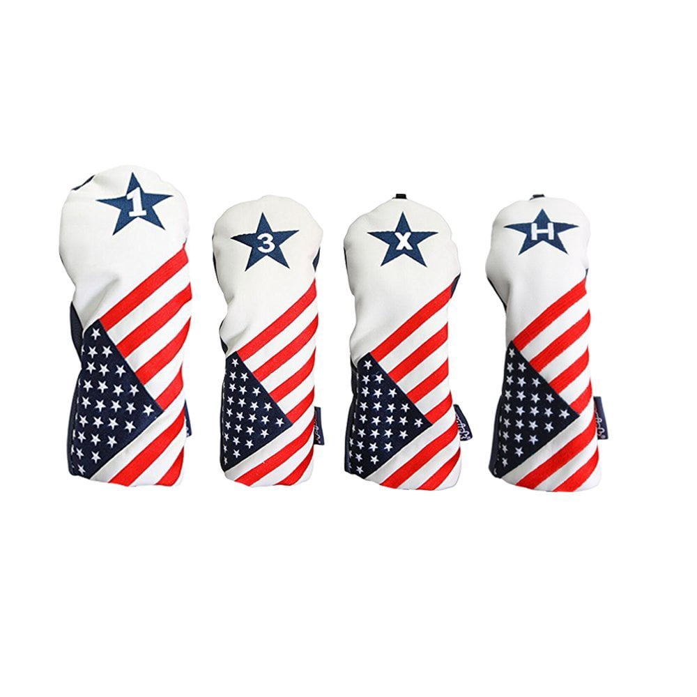 Majek USA Vintage Golf Driver Headcover USA 1, 3, X, H Headcover Patriot Golf Vintage Retro Patriotic Driver Fairway Wood and Hybrid Head Cover Fits All Modern Fairway Wood and Hybrid Club