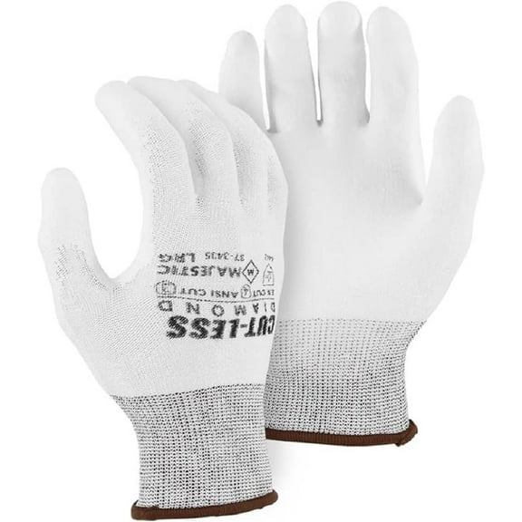 Majestic 37-3435 White Cut-Less Diamond Seamless Knit Glove with Polyurethane Palm Coating Cut Resistant Gloves, XL, 1 Pair