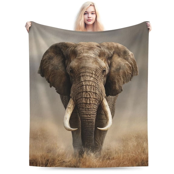 Majestic African Elephant Throw Blanket, Realistic Wildlife Safari Art Soft Flannel Fleece Decor 50x40