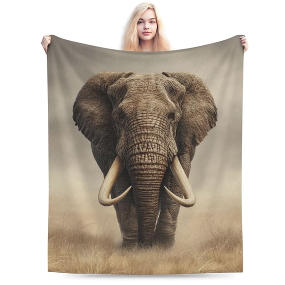 Majestic African Elephant Throw Blanket, Realistic Wildlife Safari Art Soft Flannel Fleece Decor 50x40