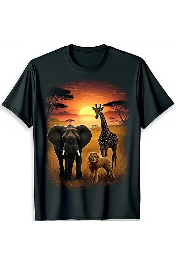 Majestic African Wildlife T-Shirt Elephant Giraffe & Lion at Sunset