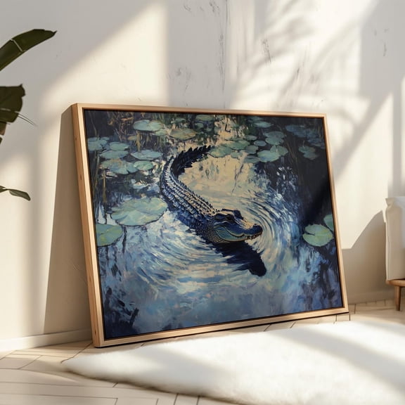 Majestic Alligator, Serene Wildlife Art, Swamp Scene With Lily Pads, Alligator Wall Decor For Nature And Animal Lovers UNFRAMED