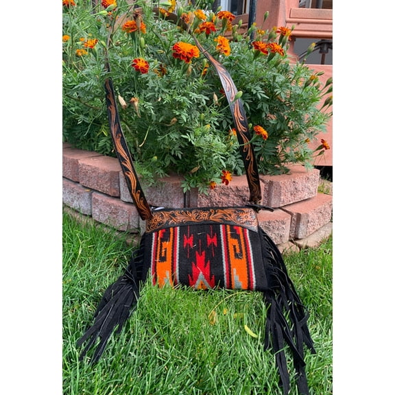 Majestic Ally Hand Tooled Pure Leather Cashmere Carry Cross Body Saddle Blanket Bag with Matching Leather Fringe