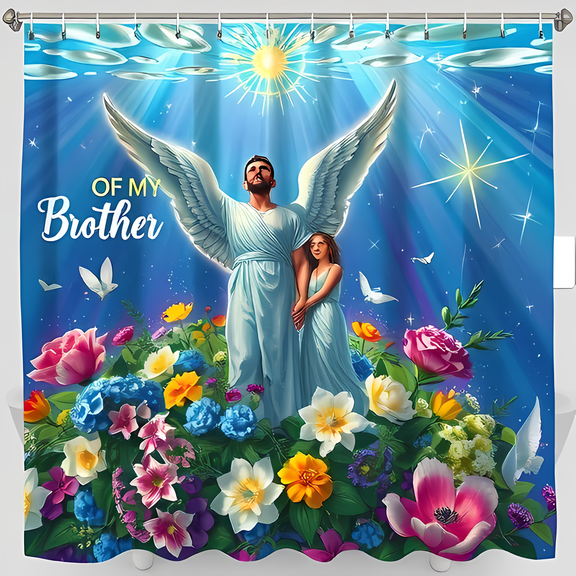 Majestic Angel Shower Curtain - Serene Scene with Vibrant Flowers & Heartfelt "Of My Brother" - Perfect for Comfort & Remembrance