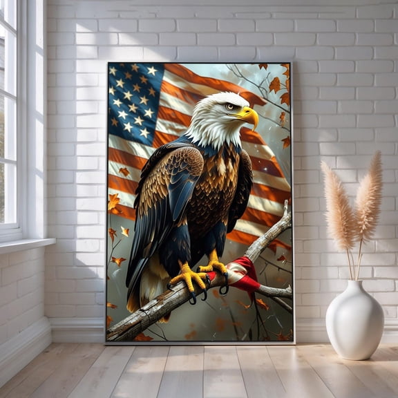 Majestic Bald Eagle With American Flag | Patriotic Canvas Wall Art | Freedom And Strength Home Decor | Nature & Wildlife Artwork, Stretched Canvas Size 16x24
