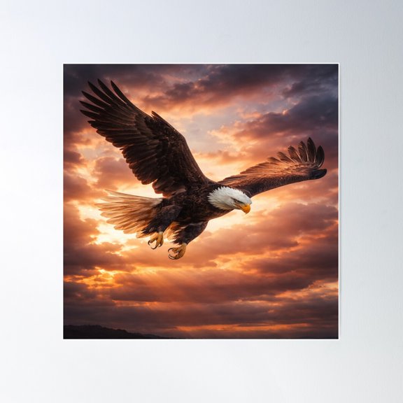 Majestic Bald Eagle Flying At Sunset Dramatic Wildlife Art Unframed Paper Print
