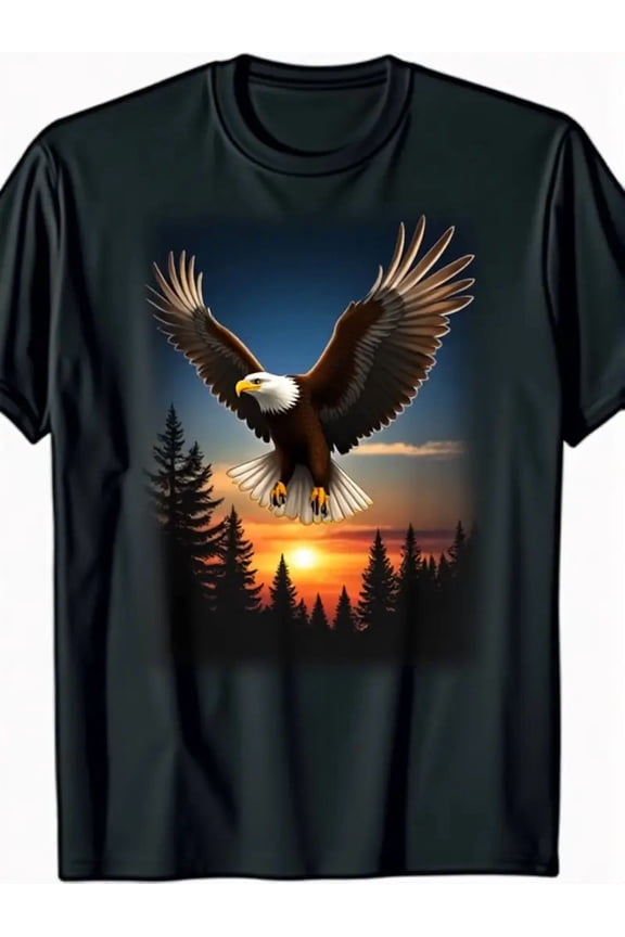 Majestic Bald Eagle Flying Over Forest Sunset Graphic T-Shirt for Men Unisex