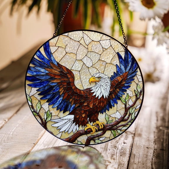 Majestic Bald Eagle Glass Art Round Window Hanging Suncatcher Ornament Patriotic Independence Day Dad Gift, Suncatcher Window Hanging, 3.5 in