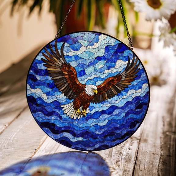 Majestic Bald Eagle Glass Suncatcher v8, Flying Blue Sky Window Art, for Dad, 6.3 in