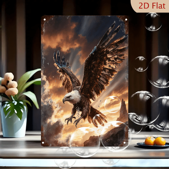 Majestic Bald Eagle in Mid-Flight with Golden Sunlight and Mountain Peaks, 8x12 Inches Metal Wall Art Print, Strong Freedom Nature Decor for Home Office