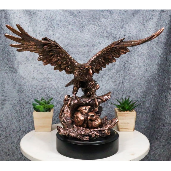 Majestic Bald Eagle Mother Spreading Her Wings Over Her Chick Bronzed Figurine