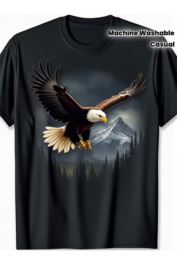 Majestic Bald Eagle Soaring Over Snowy Mountain Forest Graphic T-Shirt Retro Nature Wildlife Patriotic Men's Women's Short Sleeve Black Tee