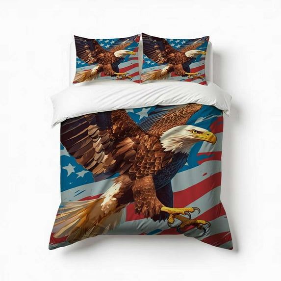 Majestic Bald Eagle With American Flag Bedding Set 3 Pcs Soft Microfiber Quilt Cover For Bedroom Decor, Comforter Cover With 2 Pillowcase