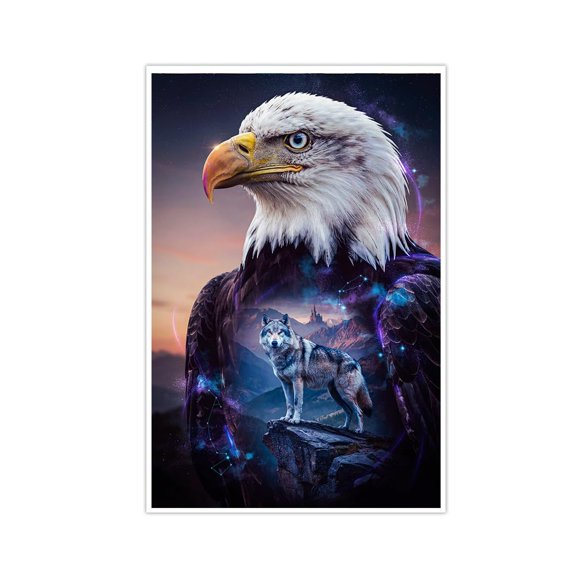 Majestic Bald Eagle and Wolf Galaxy Canvas Wall Art Fantasy Wilderness Stars Constellation Poster Nature Animal Artwork Pictures for Living Room Bedroom Home Decor