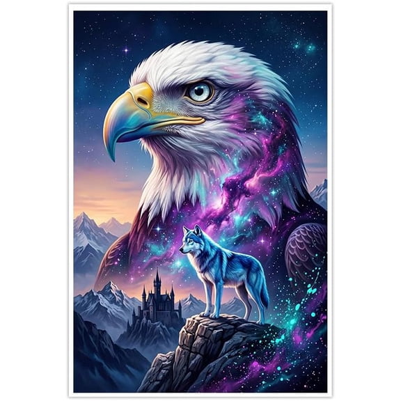 Majestic Bald Eagle Wolf Galaxy Wall Art Cosmic Nebula Fantasy Poster Print