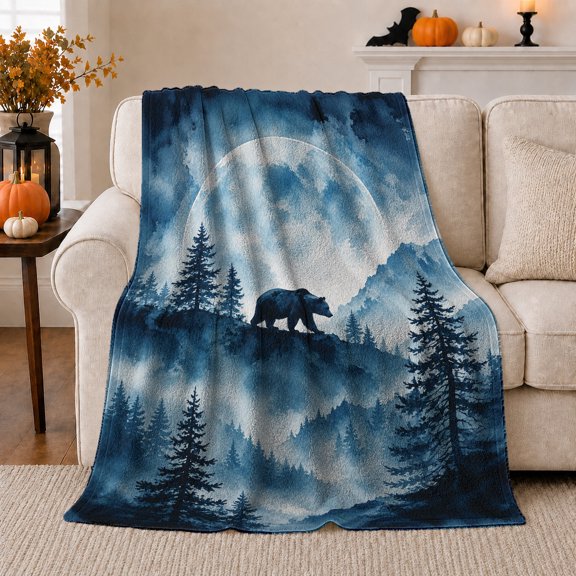 Majestic Bear Moonlit Wilderness, Peaceful Mountain Lake Scene, Warm Flannel Blanket for Cabin and Lodge with Detailed Artwork, Outdoor Lovers Camping Gift, Rustic Home Decor