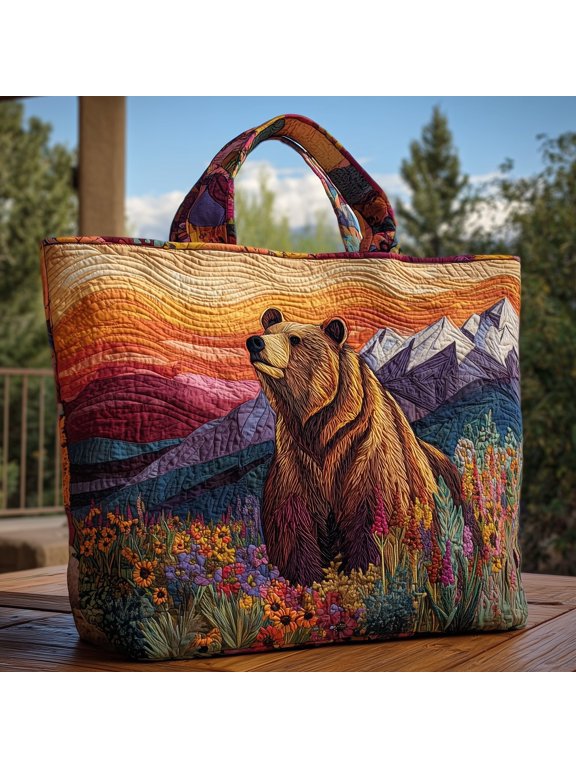 Majestic Bear Quilted Tote Bag, Woodland Bear Tote, Versatile Shopping Bag, Gift for Bear Lovers