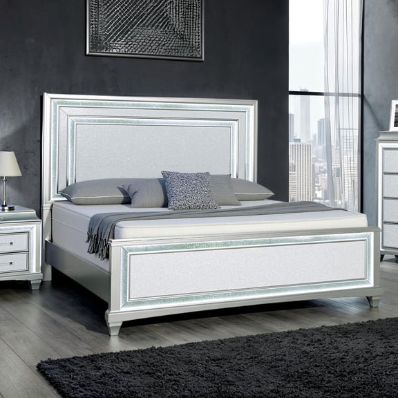 Majestic Bedroom Furniture 1pc Queen Size Bed w LED Light Embedded Faux Crystal Trim Gray Color Panel Bedframe