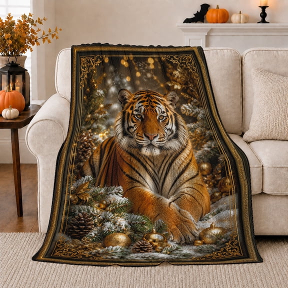 Majestic Bengal Tiger Portrait Festive Winter Forest Wildlife, Festive Woodland Scene, Warm Flannel Blanket for Cabin and Lodge, Wildlife Lovers Housewarming Gift, Gothic Home Decor