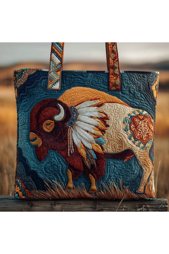 Majestic Bison Quilted Tote Bag, Spacious Shoulder Bag with Western Charm