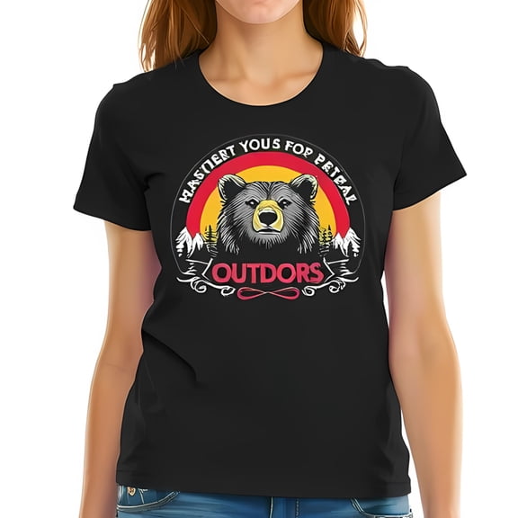Majestic Black Bear Graphic T-Shirt with Sunset and Mountain Peaks - Vintage Outdoor Style Cotton Short Sleeve Tee