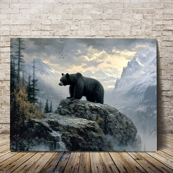 [Majestic Black Bear Wall Art] 1pc Majestic Black Bear Rustic Canvas Wall Art , Wooden Framed Mural for Bathroom, Bedroom, Office, Living Room Decor