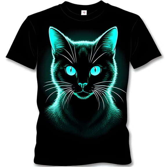 Majestic Black Cat Face Graphic T-Shirt with Striking Cyan Eyes Black Tee