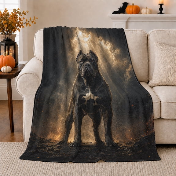 Majestic Black Dog Stormy Sky, Festive Pet Portrait Pattern, Warm Flannel Blanket for Living Room and Bedroom with Detailed Artwork, Dog Lovers Christmas Gift, Pet Lover Home Decor