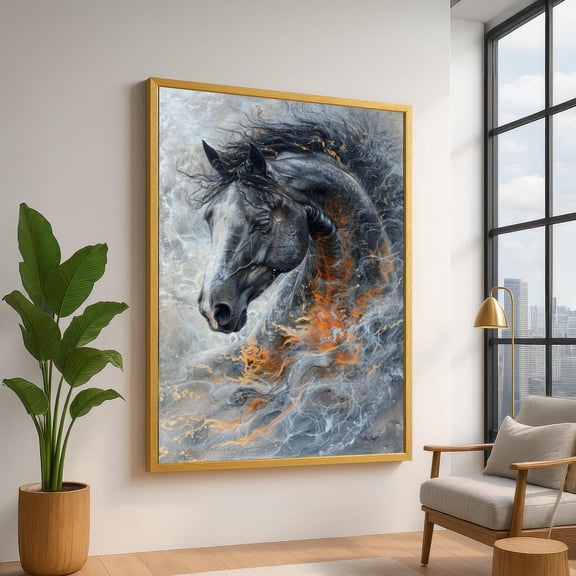 Majestic Black Horse Canvas, Abstract Fire And Smoke Art, Dynamic Equine Wall Decor, Contemporary Canvas Wall Art, Ready To Hang Home, Stretched Canvas Size 8x12