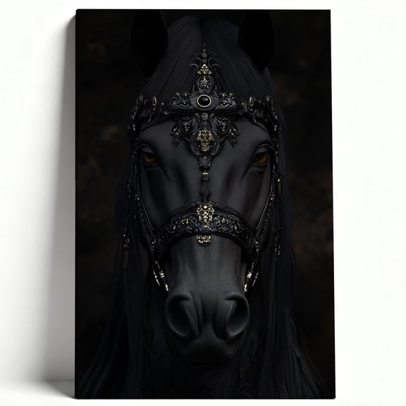 Majestic Black Horse With Ornate Bridle Framed Canvas Wall Art - Gothic Luxury Equine Portrait, Dark Aesthetic Animal Artwork, Modern Statement Decor For Living Room, Bedroom, Office 8*12inch(20*30cm