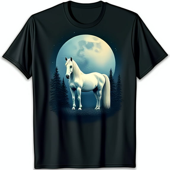 Majestic Black T-Shirt with White Horse Under Full Moon Stunning Night Scene
